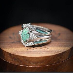 Turquoise zirconia Rings 3 Piece Set Ladies Sterling Silver Natural Gemstone